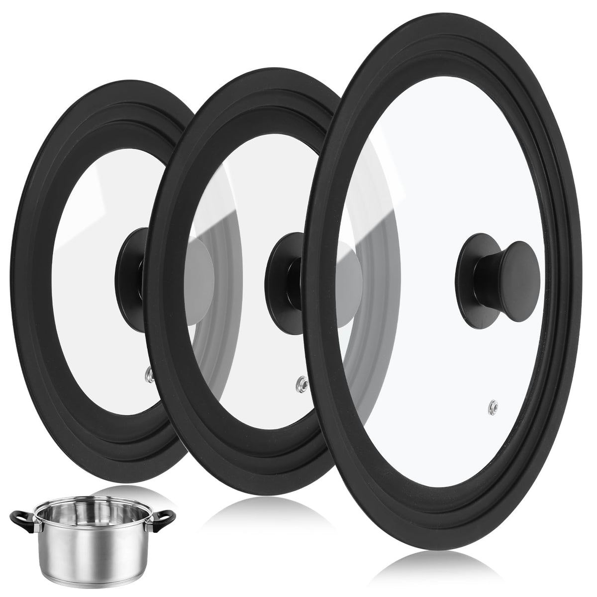 3 Pc Tempered Glass Pot Lids with Silicone Rim W354293