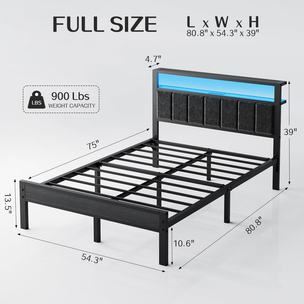 Full Size Bed Frame with LED Lights & Charging Station V611870