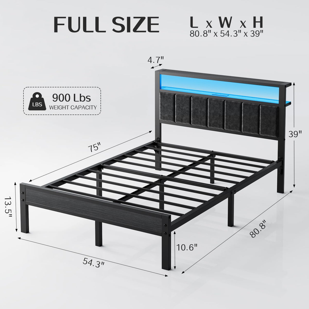 Full Size Bed Frame with LED Lights & Charging Station V611870