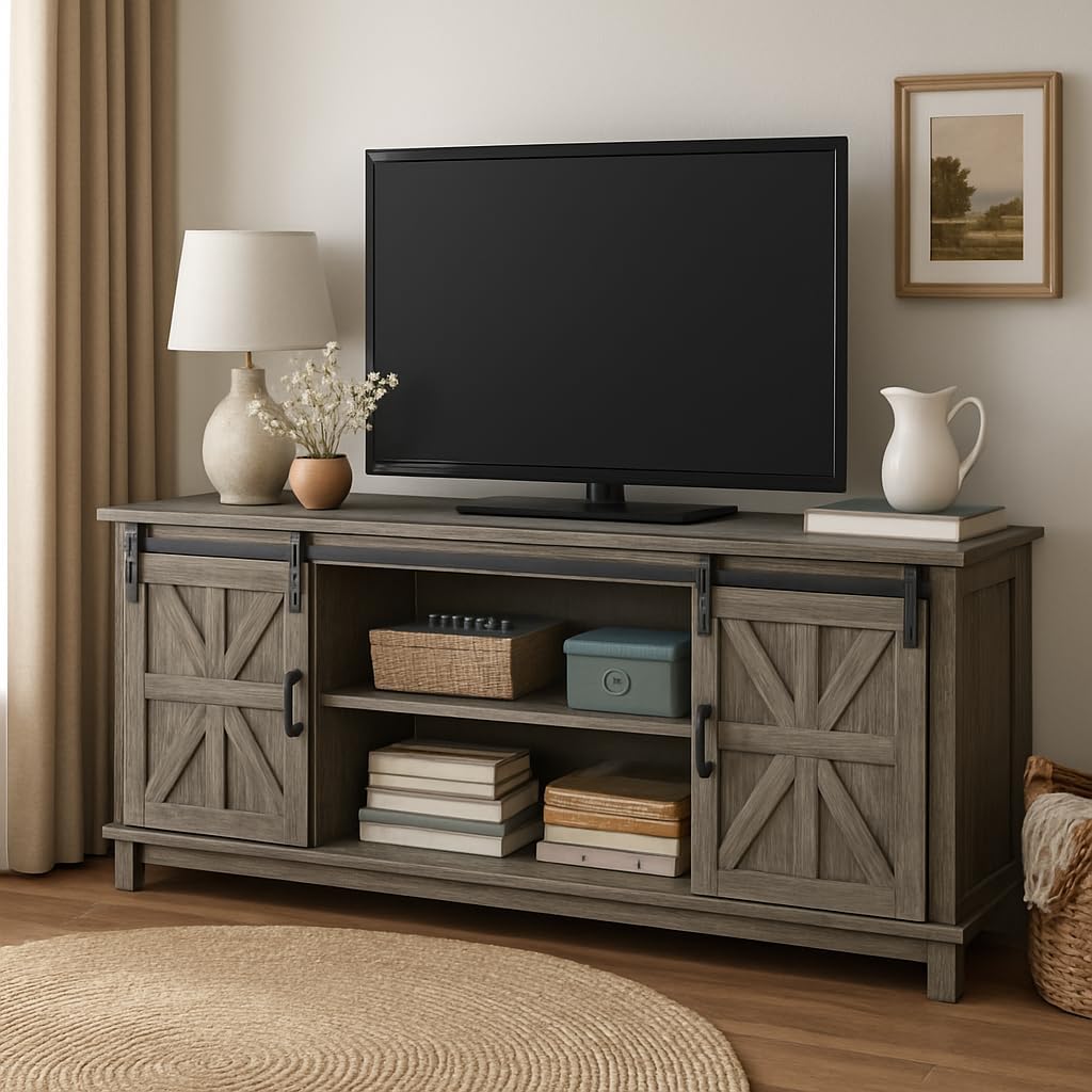 Farmhouse TV Stand Cabinet for 75" Television with Adjustable Shelf & Sliding Barn Doors V352