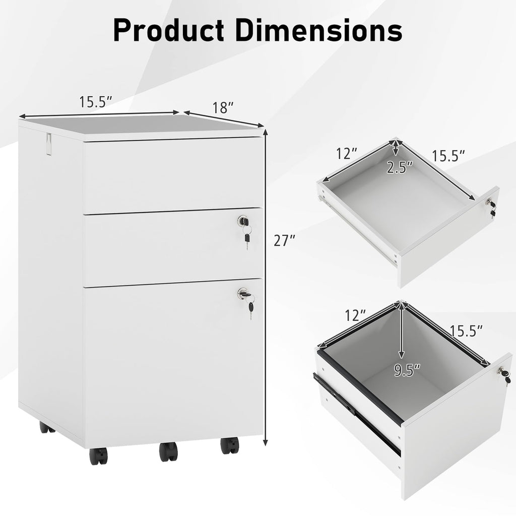 White 3 Drawer File Cabinet with Lock C30545
