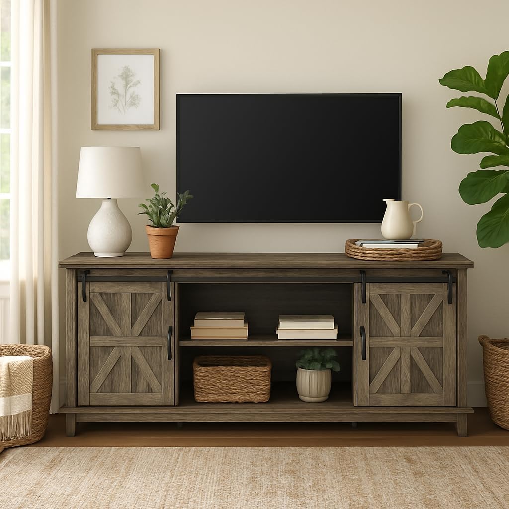 Farmhouse TV Stand Cabinet for 75" Television with Adjustable Shelf & Sliding Barn Doors V352