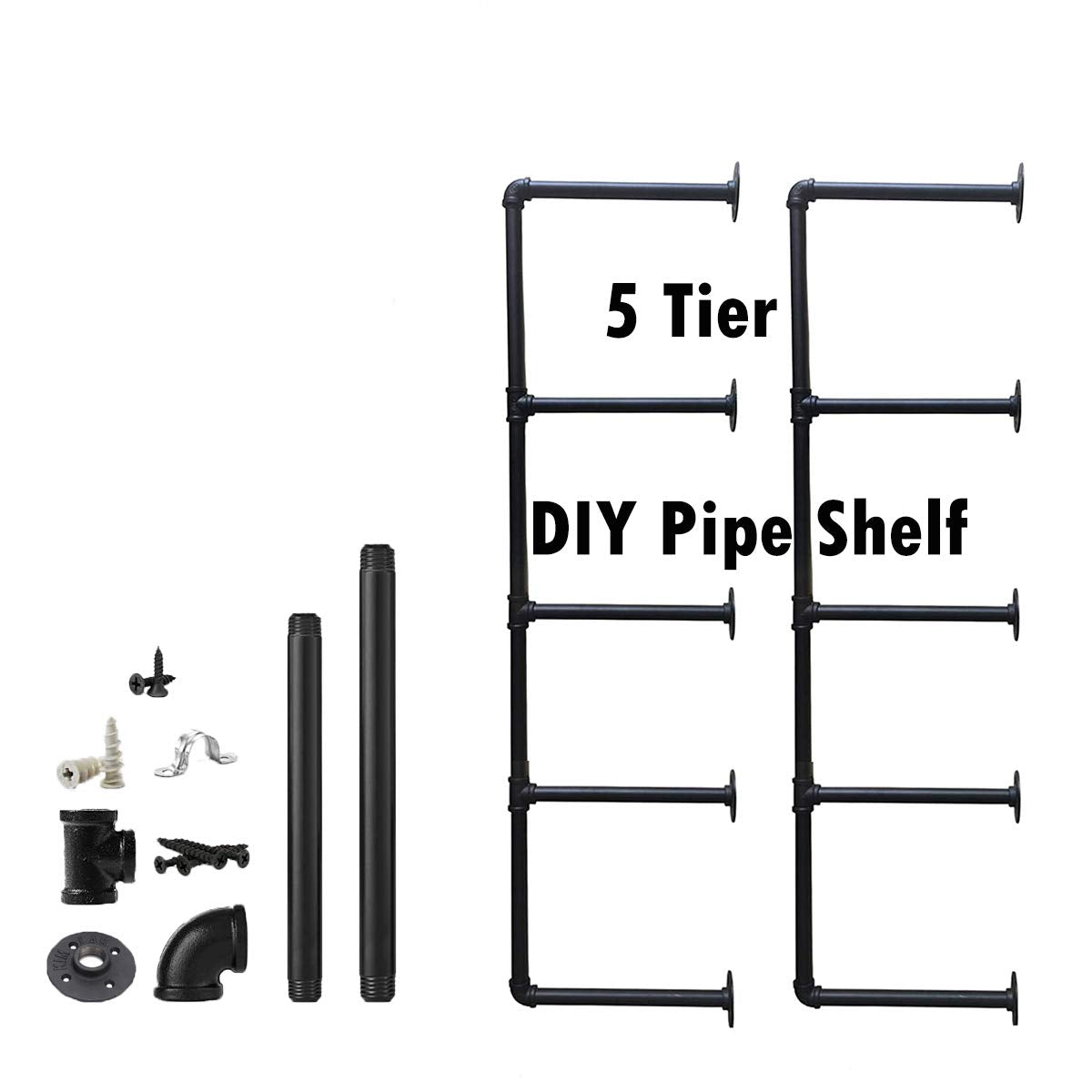 Industrial Wall Mount Iron Pipe Shelf 2Pcs 5 Tier T4731