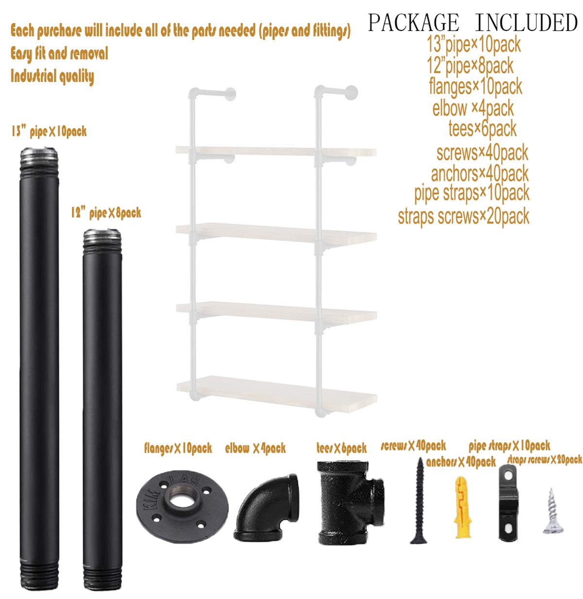 Industrial Wall Mount Iron Pipe Shelf 2Pcs 5 Tier T4731