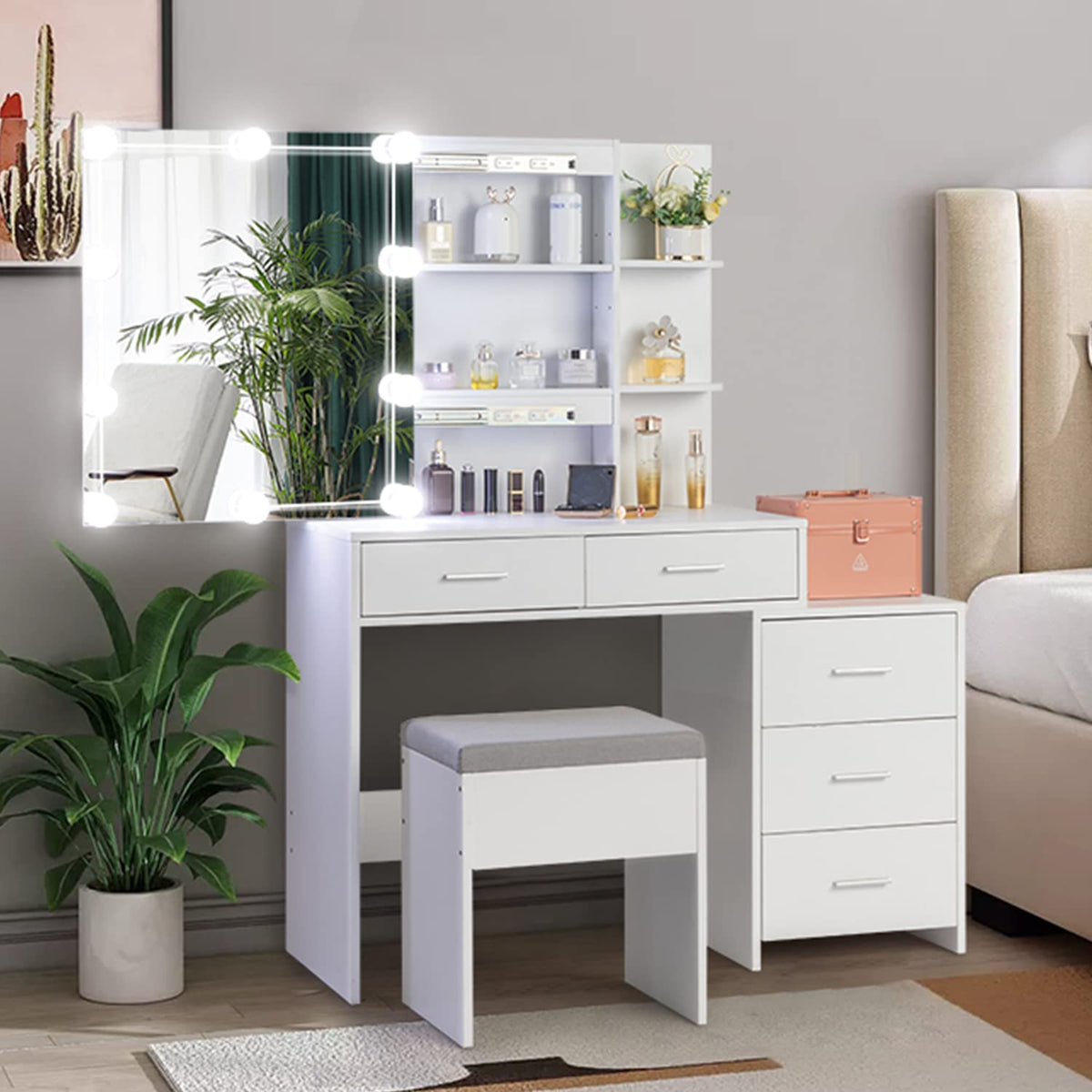White Vanity Desk with Sliding Mirror A656999