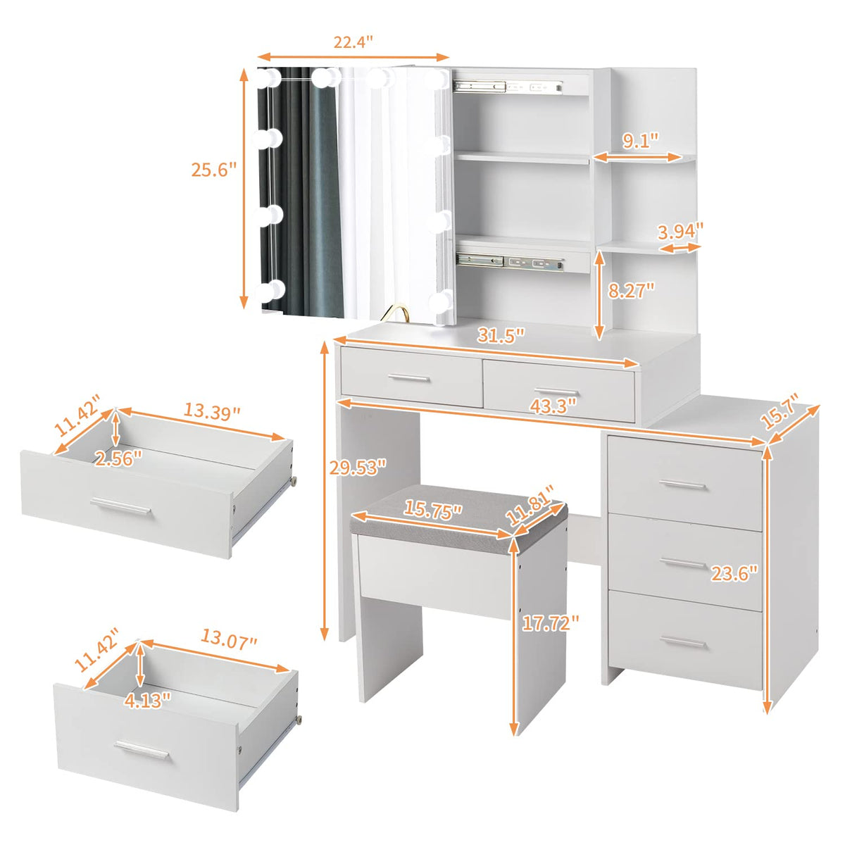 White Vanity Desk with Sliding Mirror A656999
