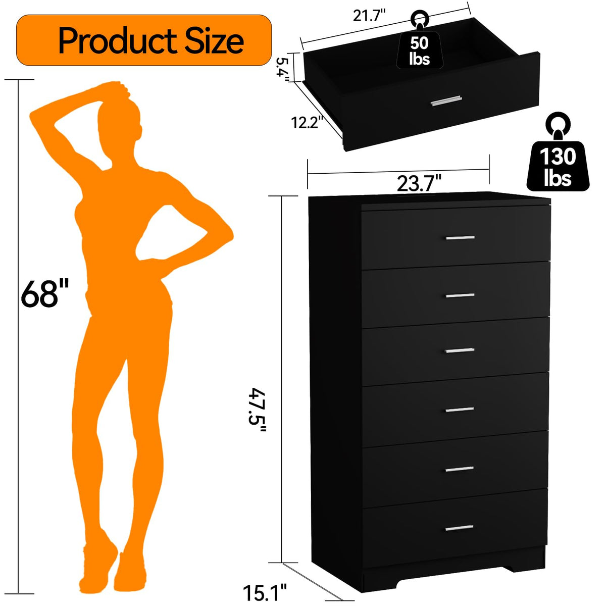 Black 6 Drawer Wood Dresser with Power Outlets K322480