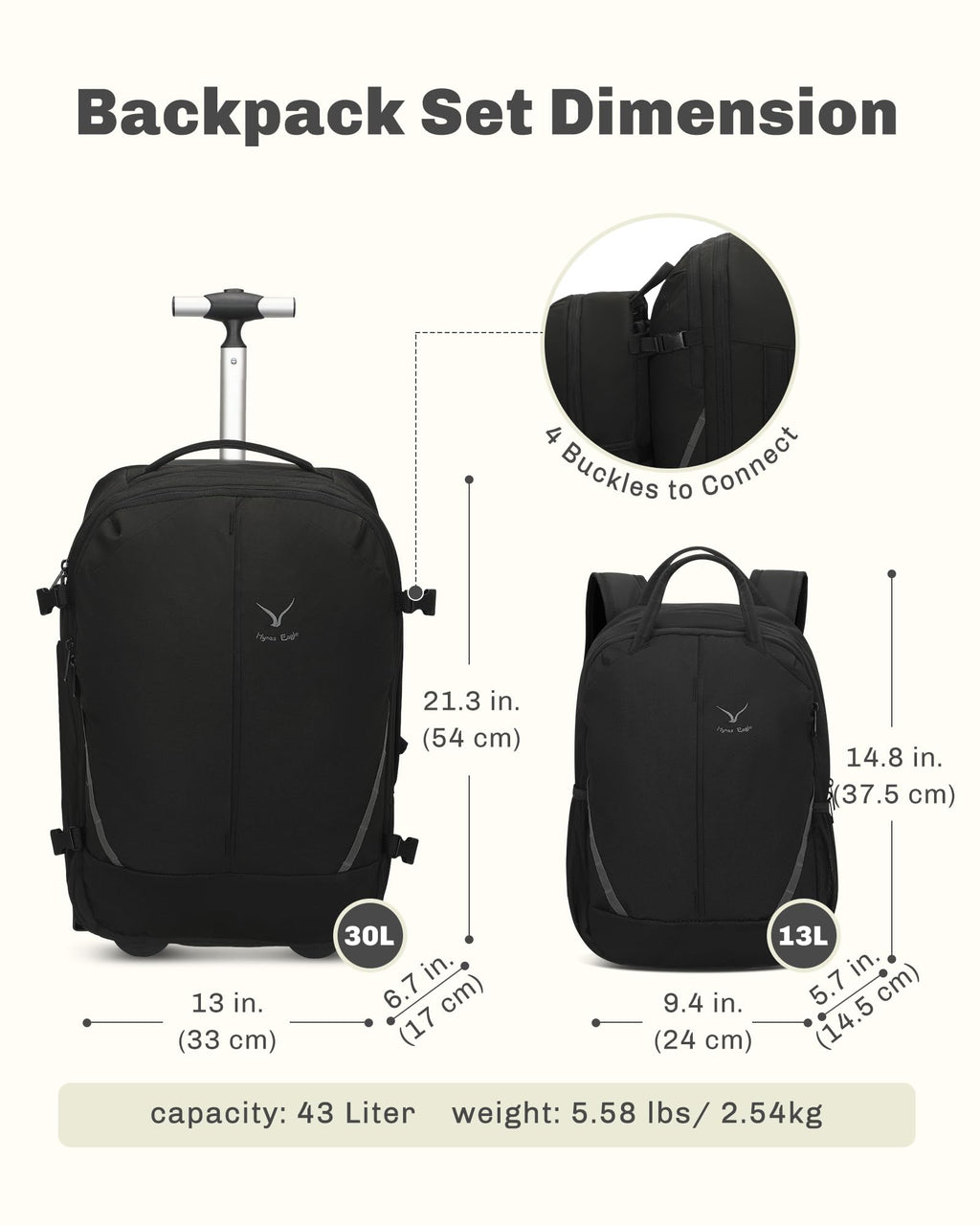 Rolling Backpack with Wheels 43L with Personal Item Bag Z180