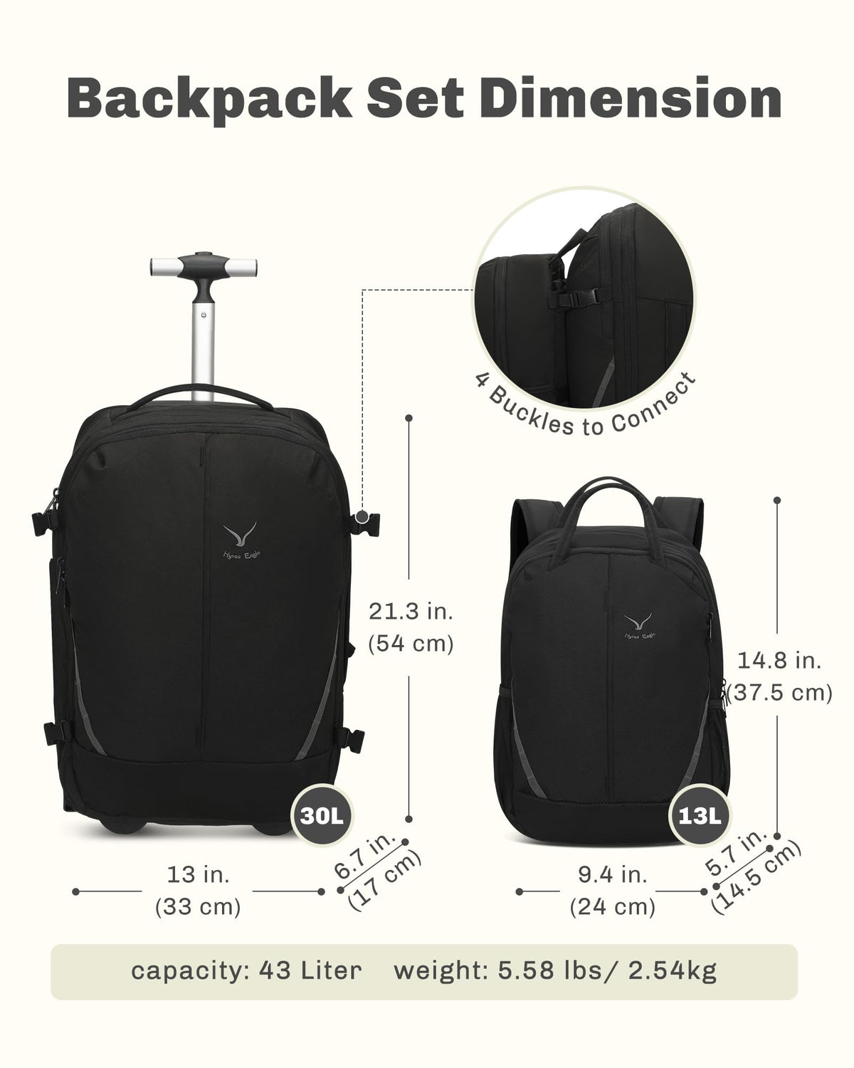 Rolling Backpack with Wheels 43L with Personal Item Bag Z180