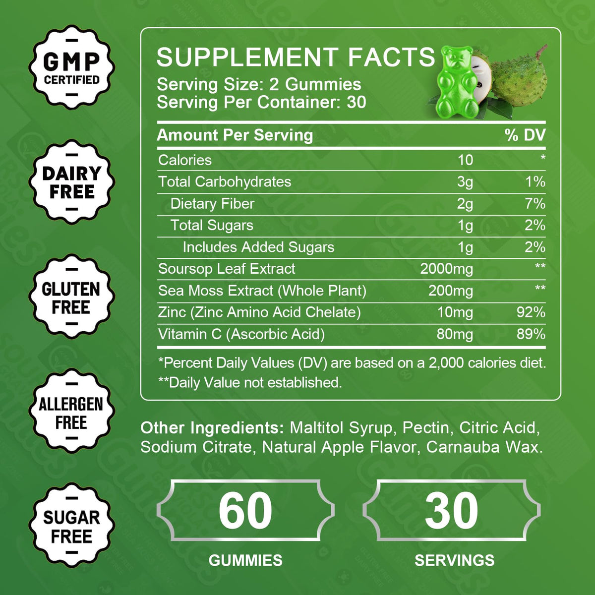Organic Soursop Graviola Gummies 2200mg with Sea Moss Zinc Vitamin C 60 Gummies H99073