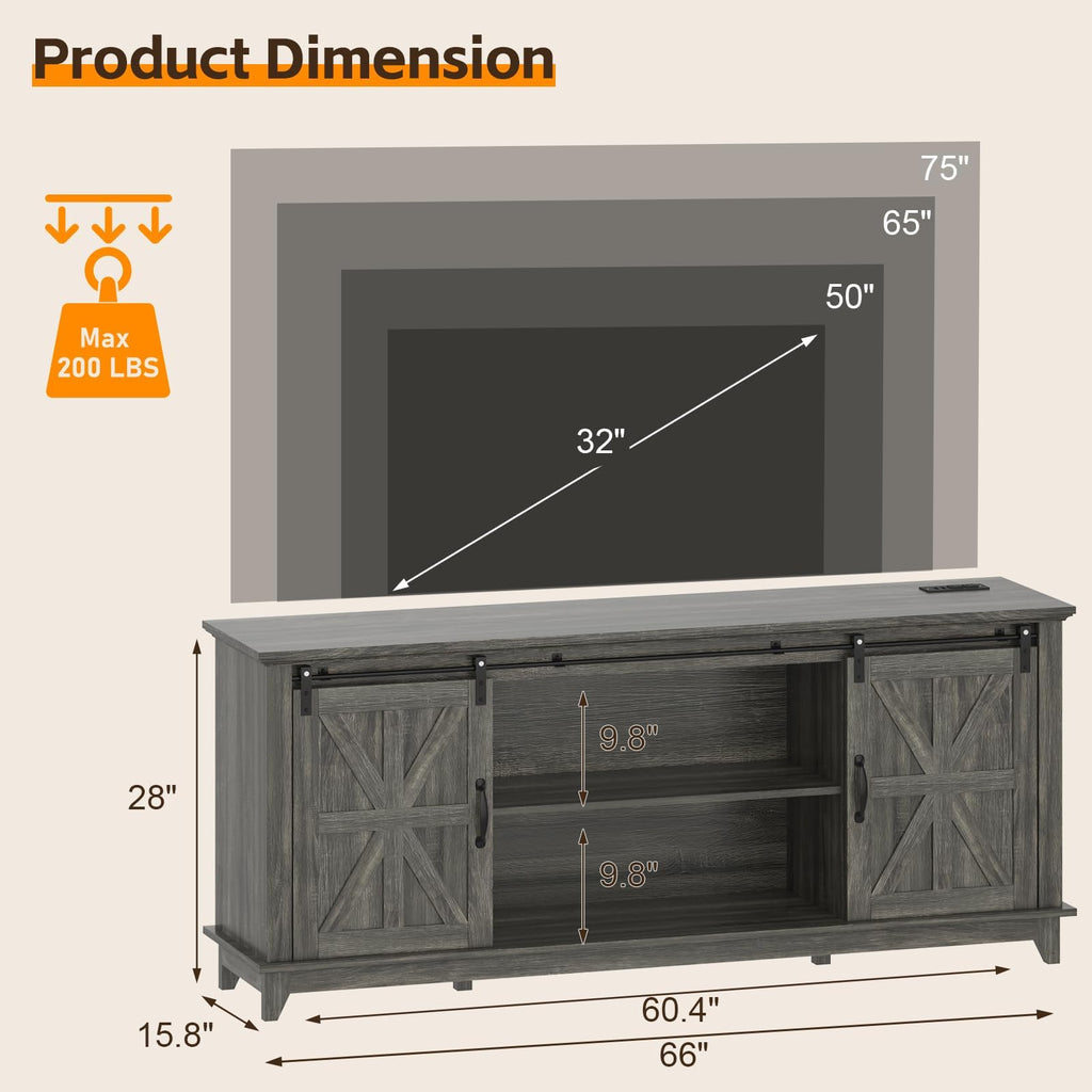 Farmhouse TV Stand Cabinet for 75" Television with Adjustable Shelf & Sliding Barn Doors V352