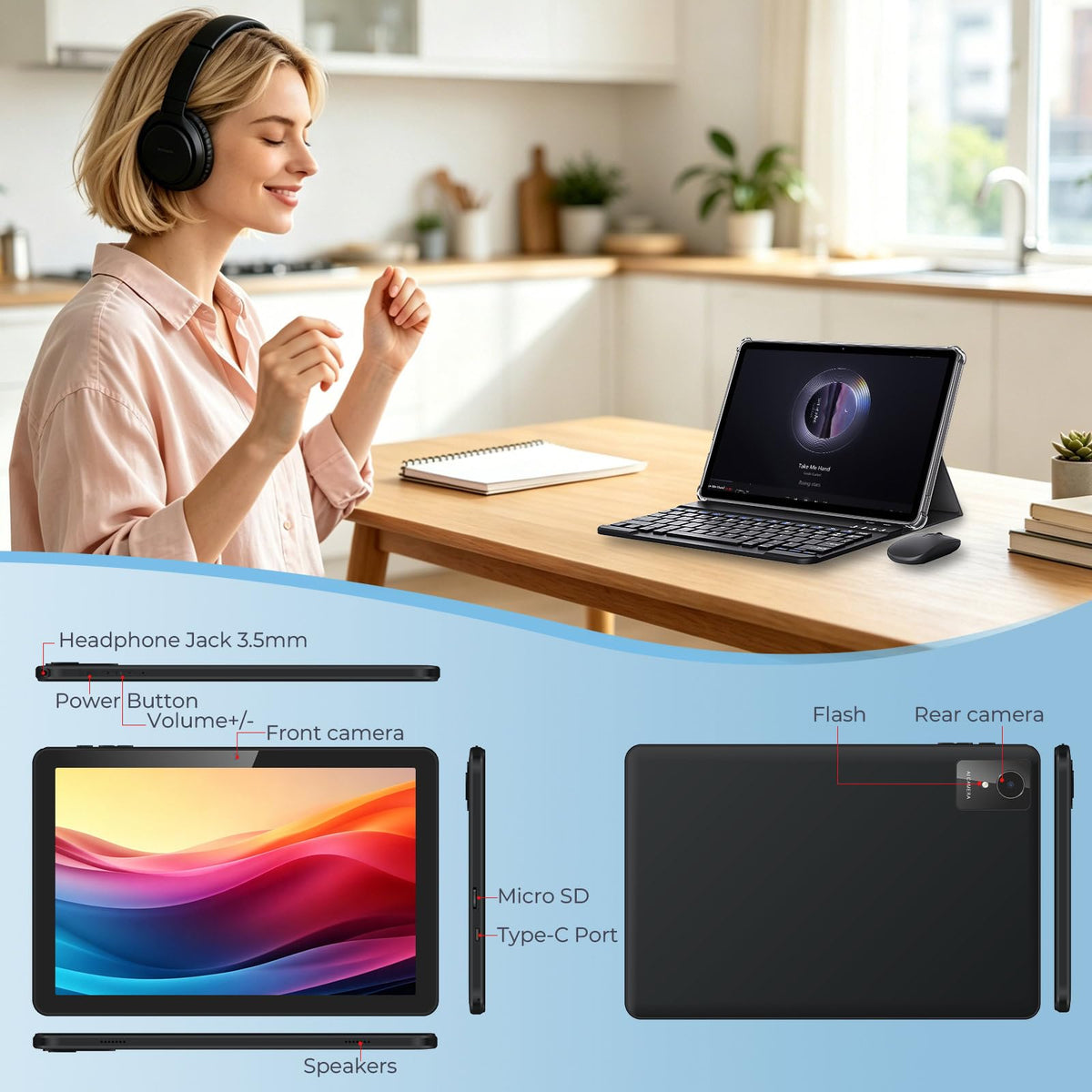 Android Tablet 10 inch, 26GB RAM 128GB ROM 7000 mAh Black W3978