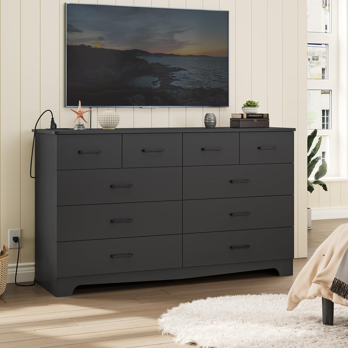 Black 10 Drawer Dresser with Power Outlets N420932