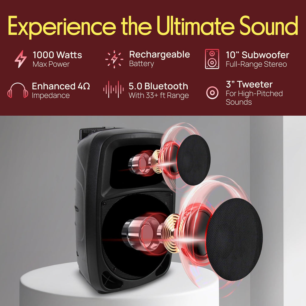 1000W Portable Bluetooth PA Speaker with 10'' Subwoofer and Wireless Mic R111950