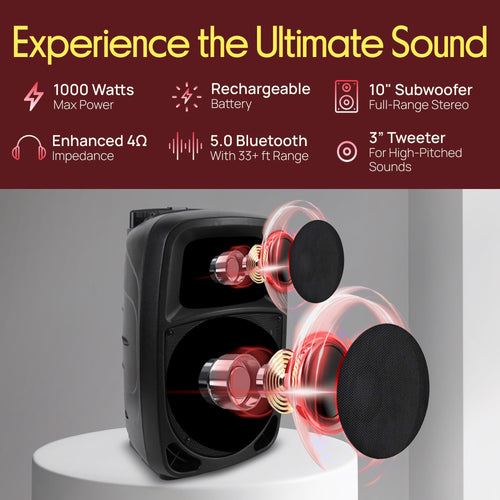 1000W Portable Bluetooth PA Speaker with 10'' Subwoofer and Wireless Mic R111950