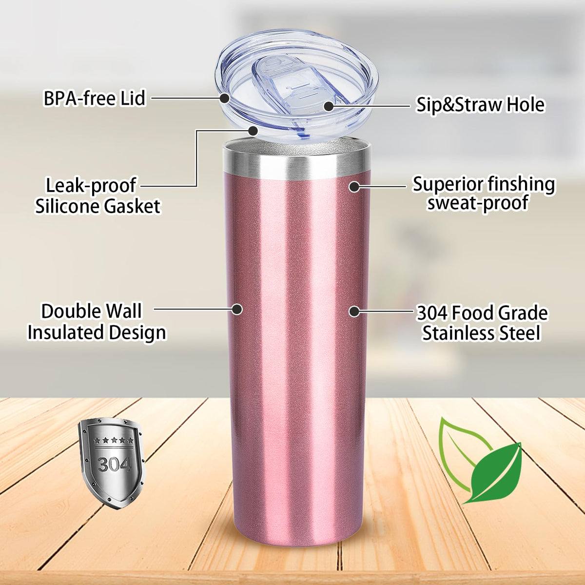 20 oz Stainless Steel Vacuum Insulated Tumbler with Lid and Straw T4888