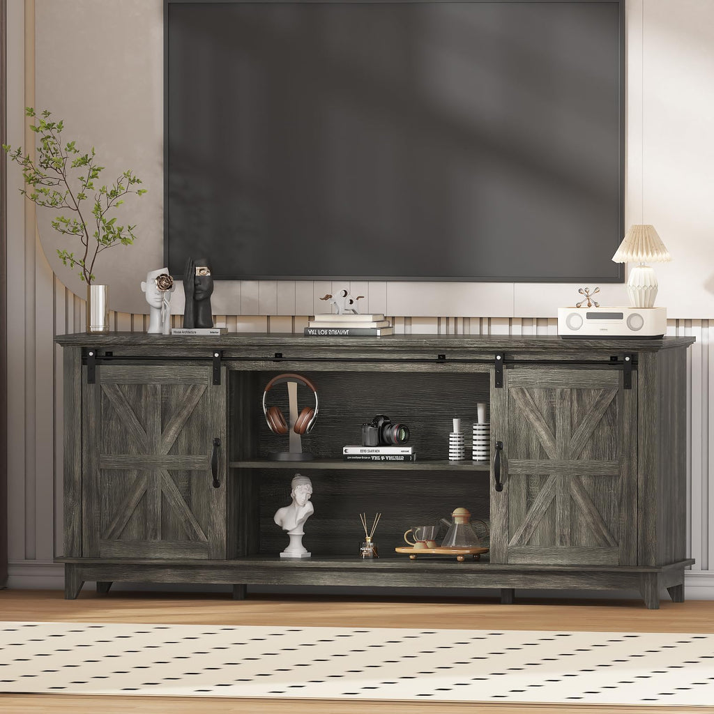Farmhouse TV Stand Cabinet for 75" Television with Adjustable Shelf & Sliding Barn Doors V352