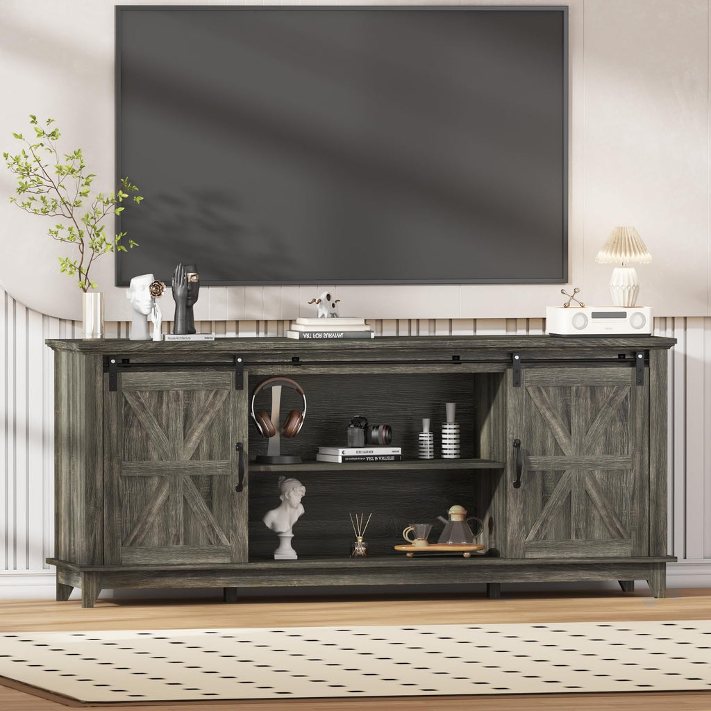 Farmhouse TV Stand Cabinet for 75" Television with Adjustable Shelf & Sliding Barn Doors V352