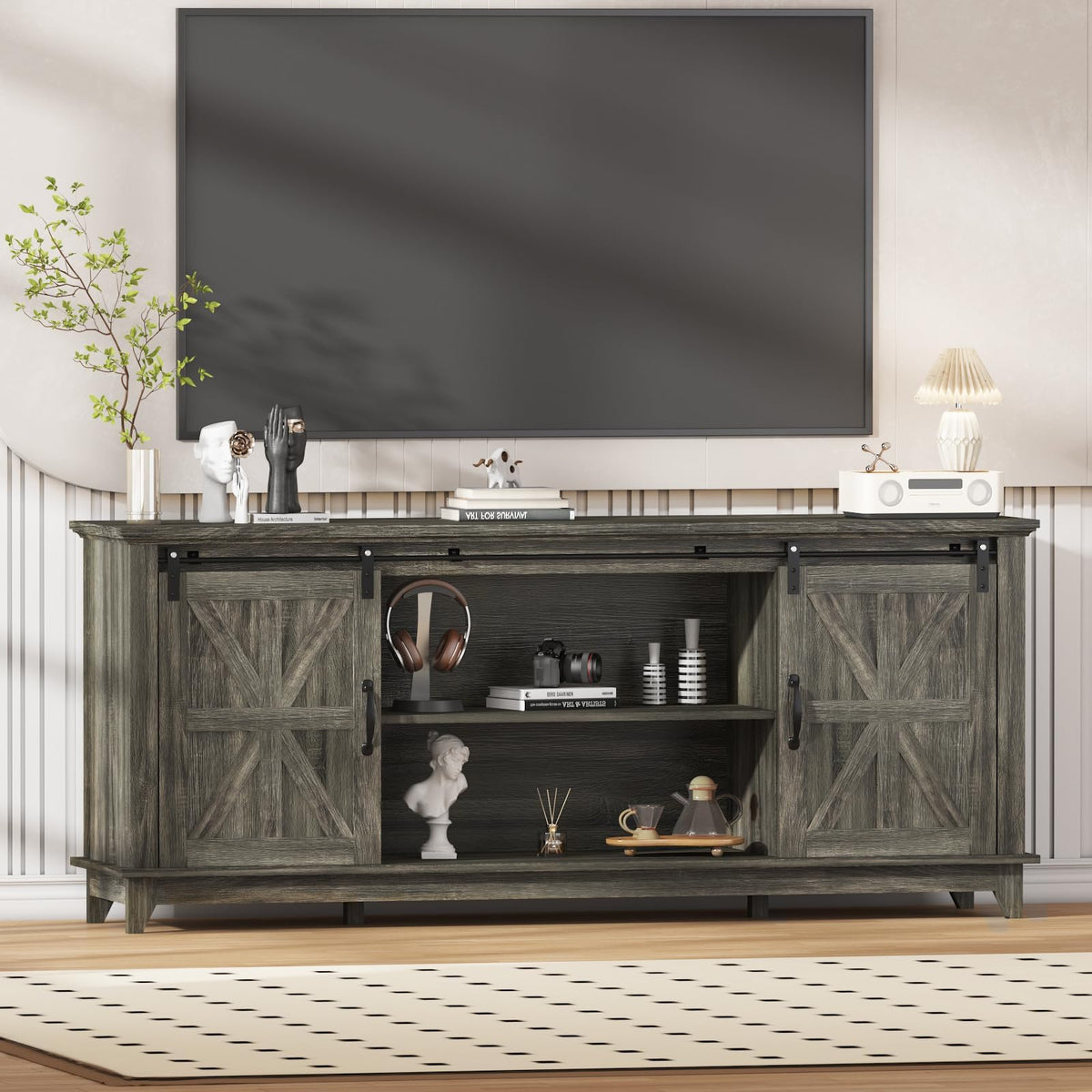 Farmhouse TV Stand Cabinet for 75" Television with Adjustable Shelf & Sliding Barn Doors V352