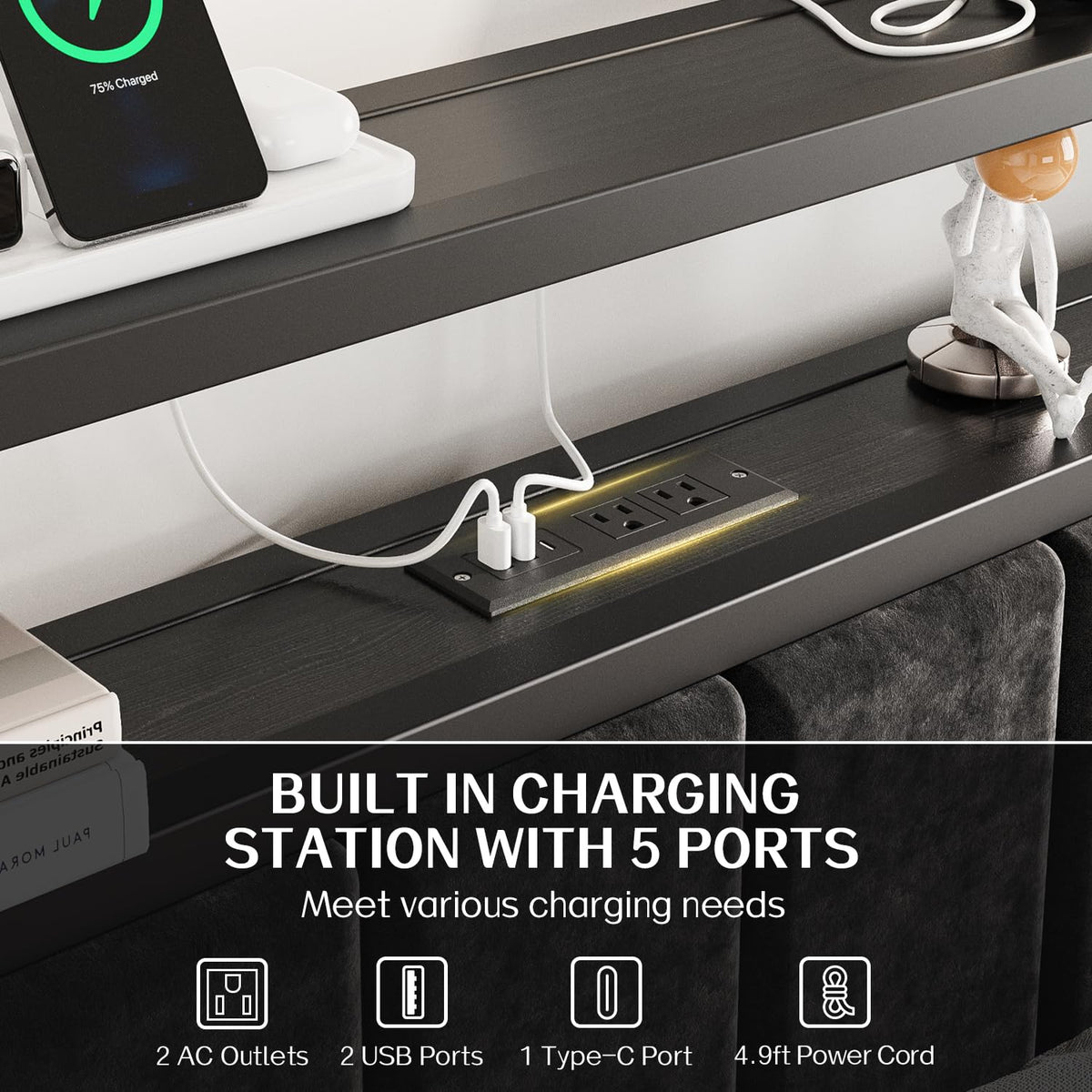 Full Size Bed Frame with LED Lights & Charging Station V611870