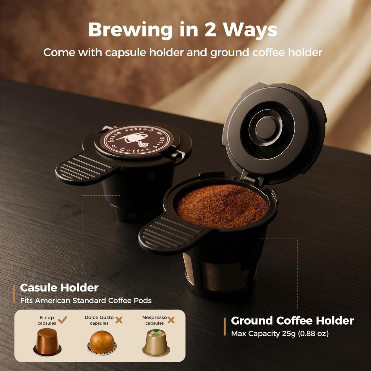 2-in-1 Single Serve Coffee Maker, K Cup & Ground, 6-14 oz, Silver F298016