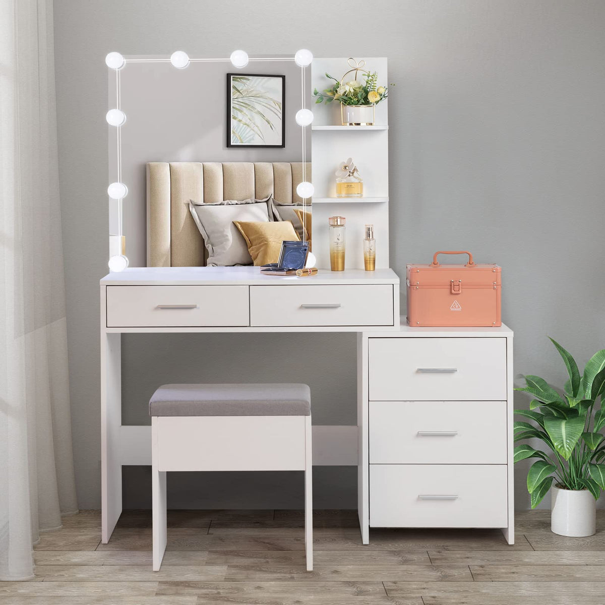 White Vanity Desk with Sliding Mirror A656999