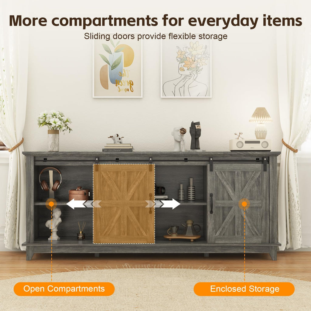 Farmhouse TV Stand Cabinet for 75" Television with Adjustable Shelf & Sliding Barn Doors V352
