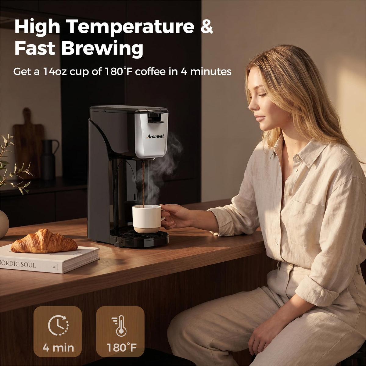 2-in-1 Single Serve Coffee Maker, K Cup & Ground, 6-14 oz, Silver F298016