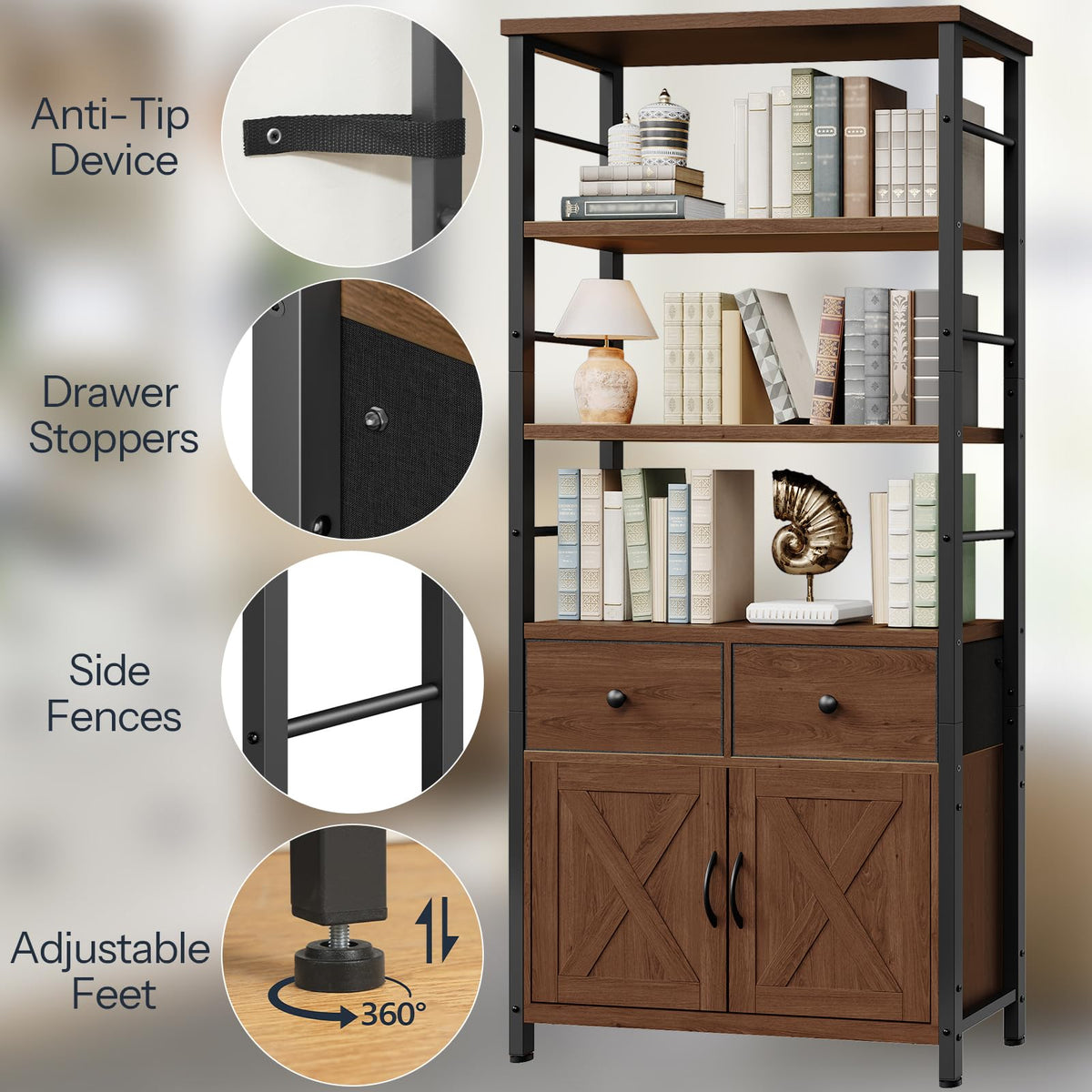 Wooden and Metal Bookshelf with Doors and Drawers X234