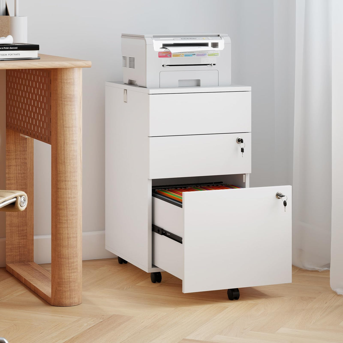 White 3 Drawer File Cabinet with Lock C30545