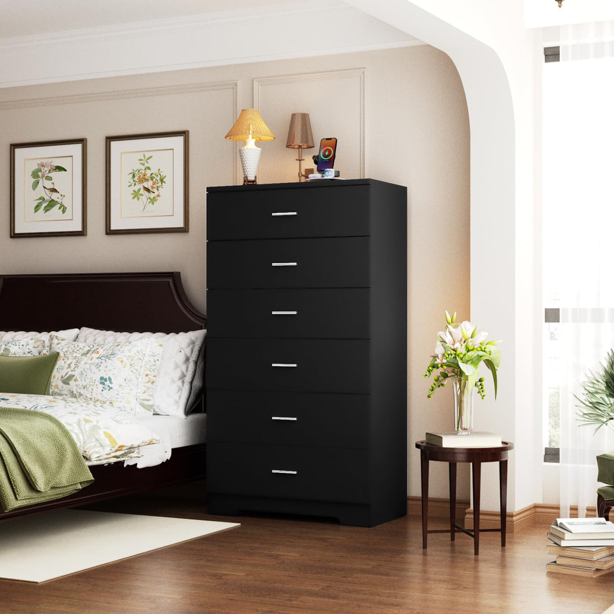 Black 6 Drawer Wood Dresser with Power Outlets K322480