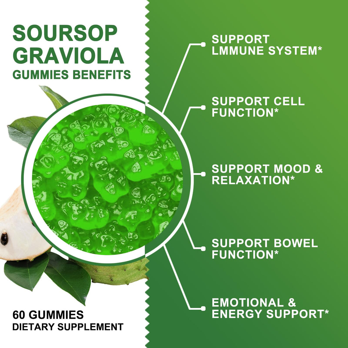 Organic Soursop Graviola Gummies 2200mg with Sea Moss Zinc Vitamin C 60 Gummies H99073