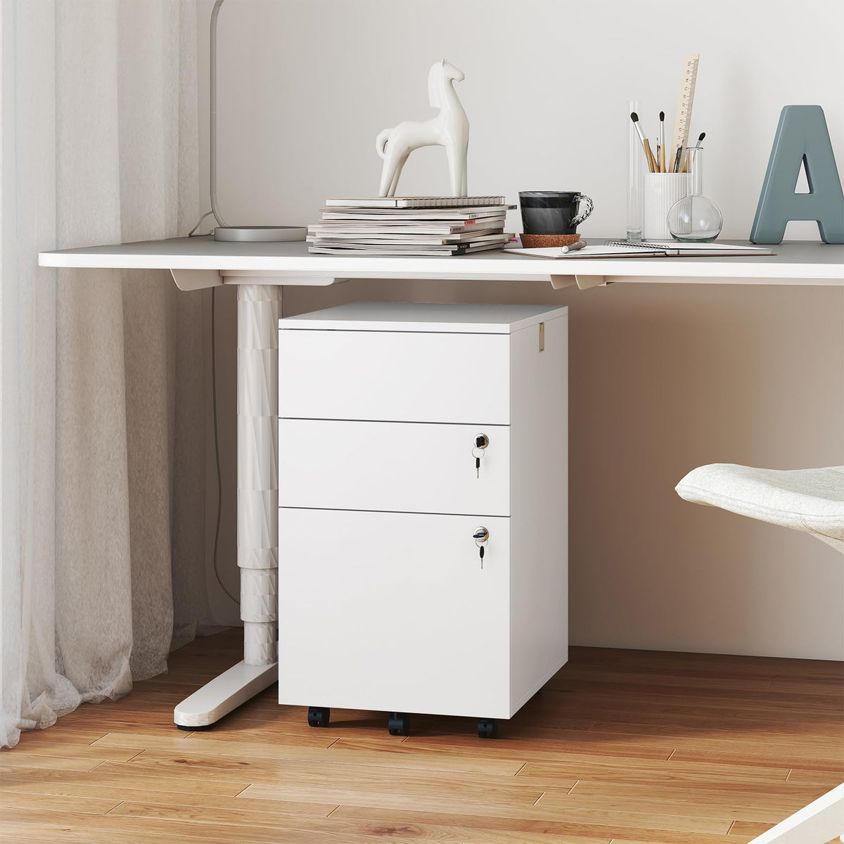 White 3 Drawer File Cabinet with Lock C30545