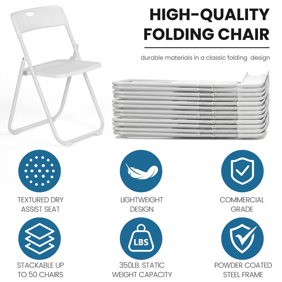 White Plastic Folding Chairs 10 Pack with Steel Frame Q973