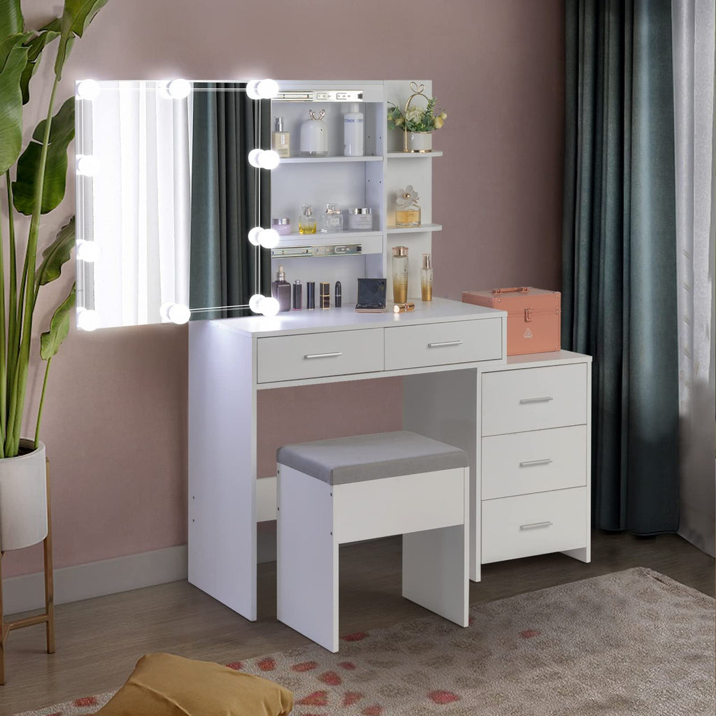 White Vanity Desk with Sliding Mirror A656999