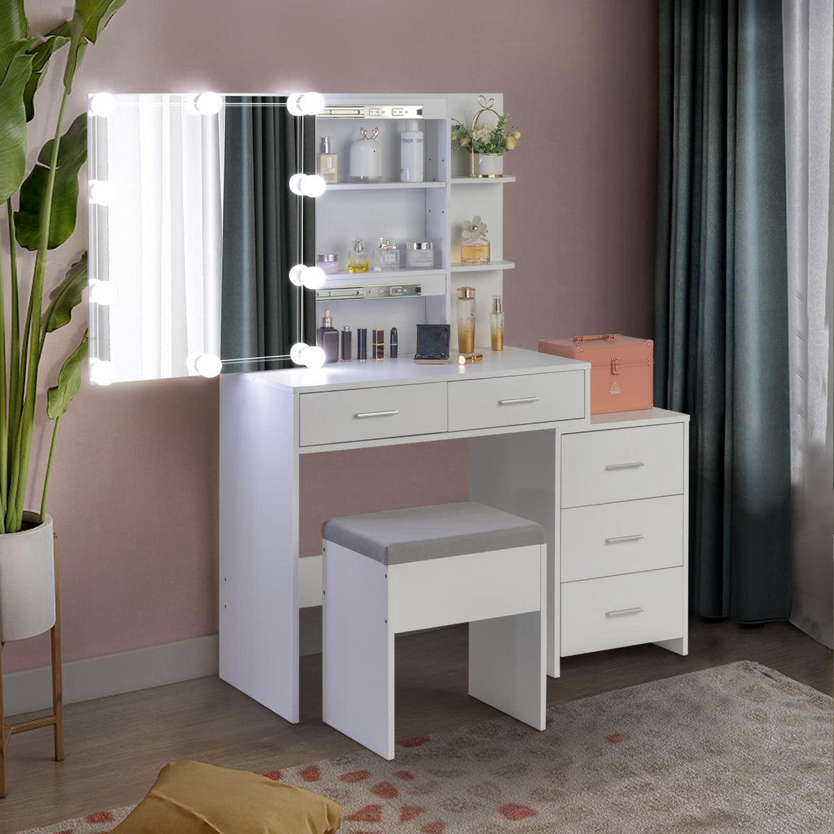 White Vanity Desk with Sliding Mirror A656999