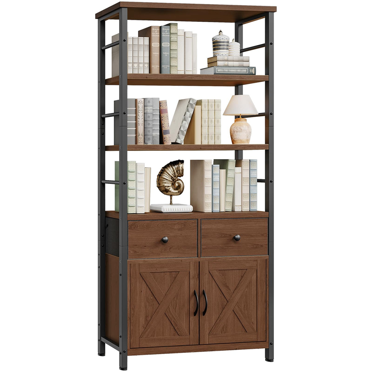 Wooden and Metal Bookshelf with Doors and Drawers X234