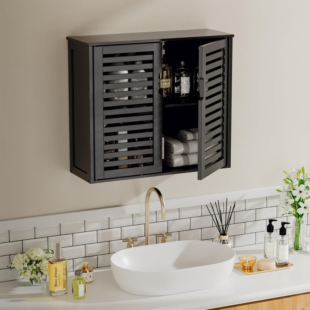 Black Bathroom Storage Cabinet with Adjustable Shelf O6530
