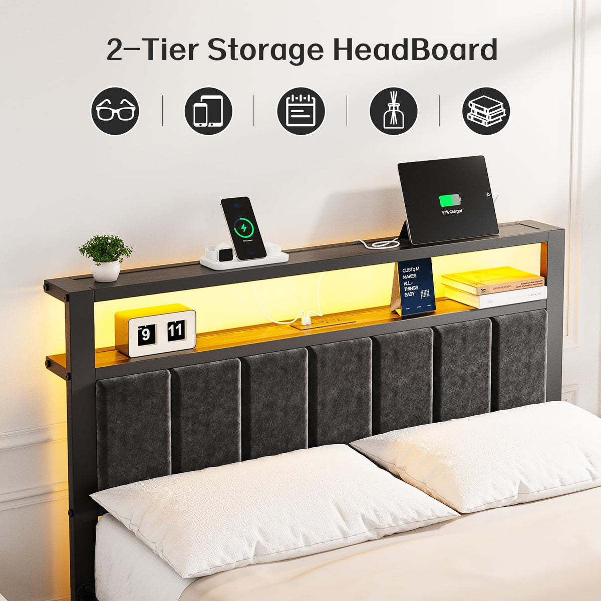 Full Size Bed Frame with LED Lights & Charging Station V611870