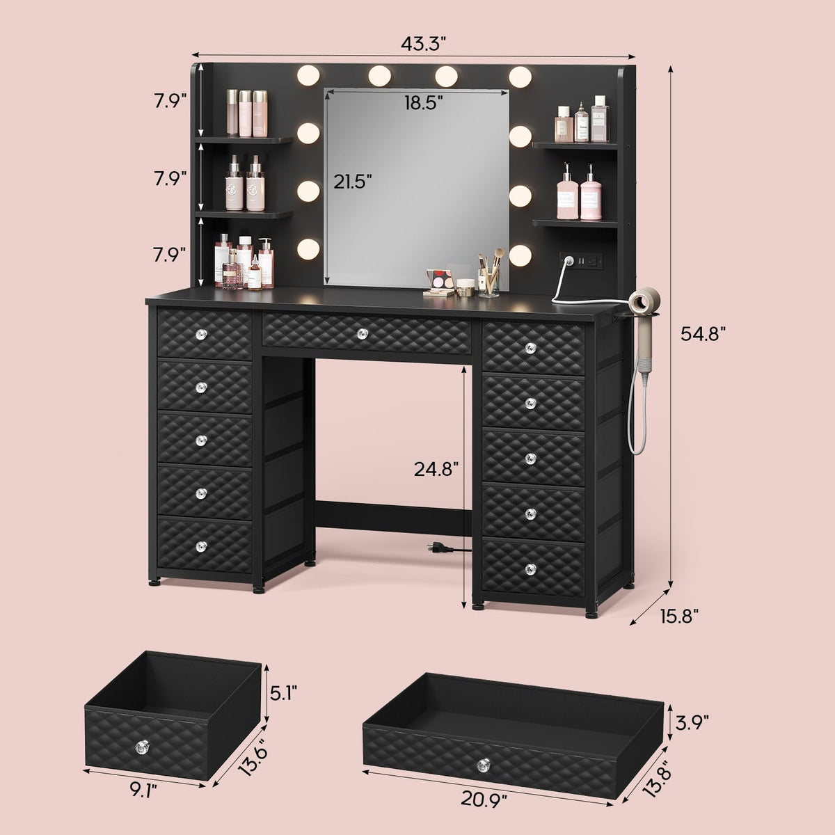 Black Vanity Desk with Mirror and Lights, 11 Drawers P657