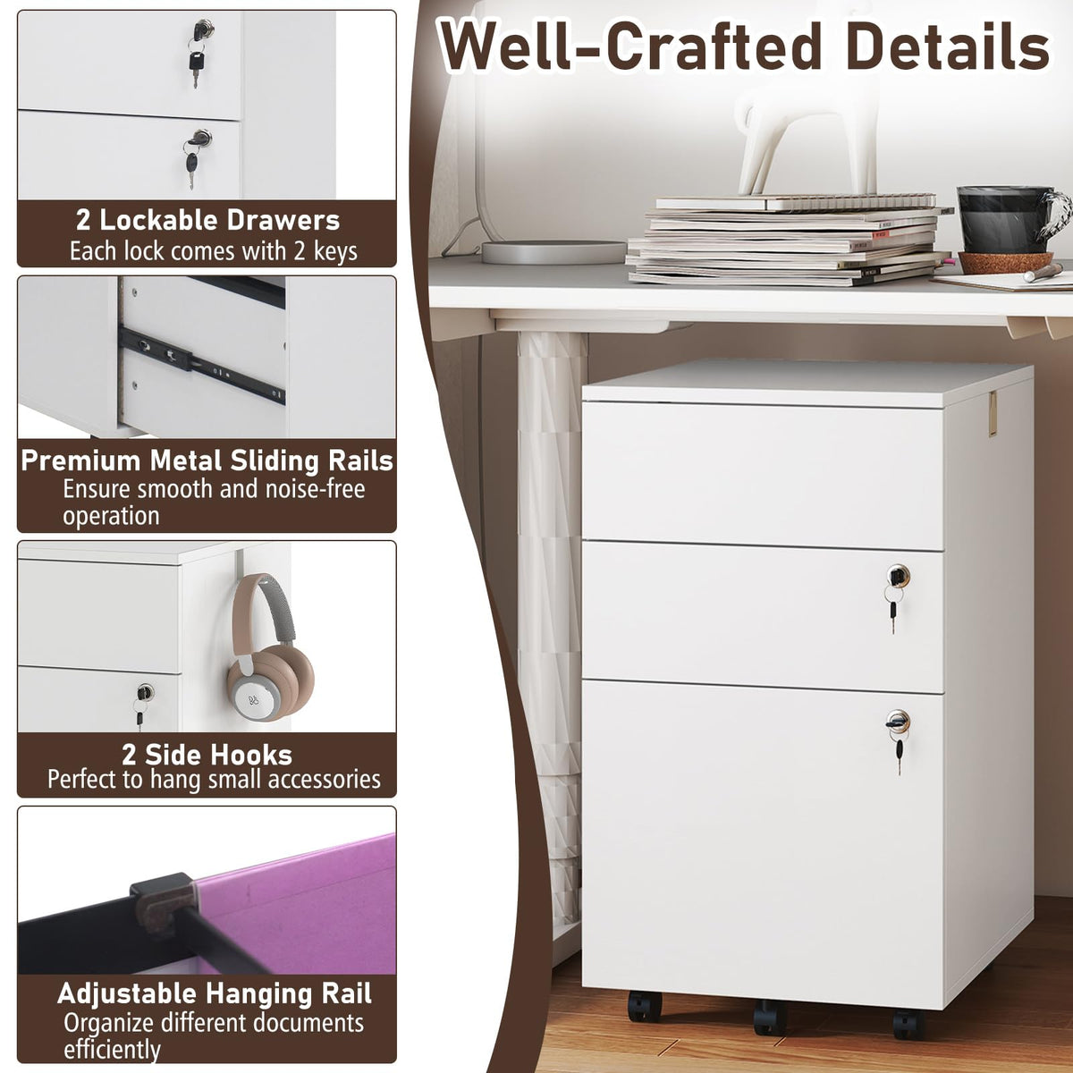 White 3 Drawer File Cabinet with Lock C30545