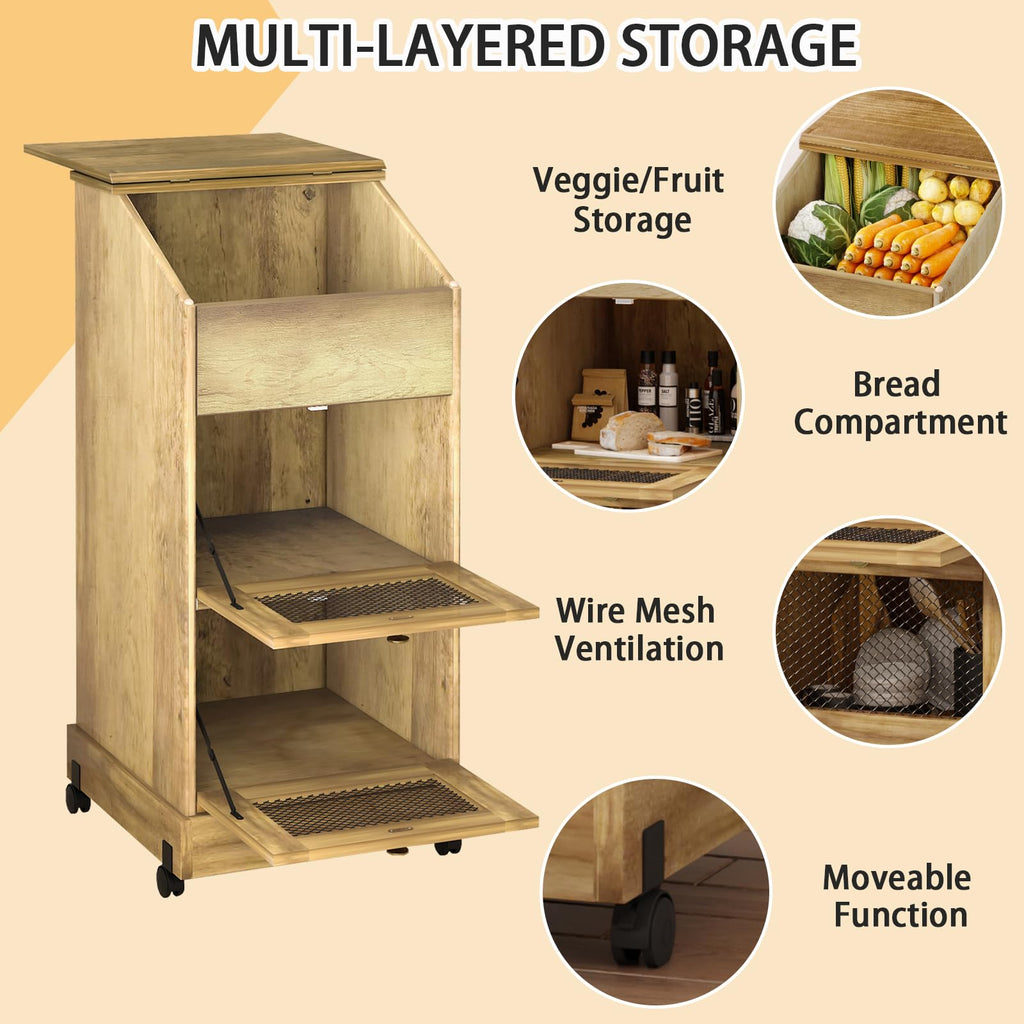 3 Tier Wooden Potato and Onion Storage Bin with Wheels Y6349