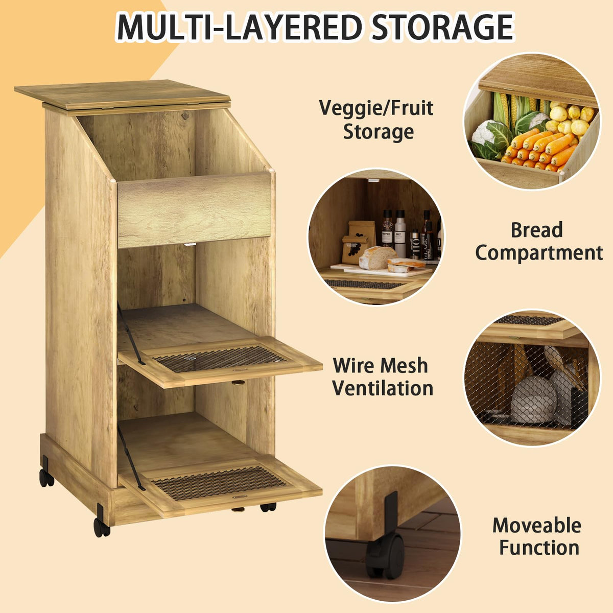3 Tier Wooden Potato and Onion Storage Bin with Wheels Y6349