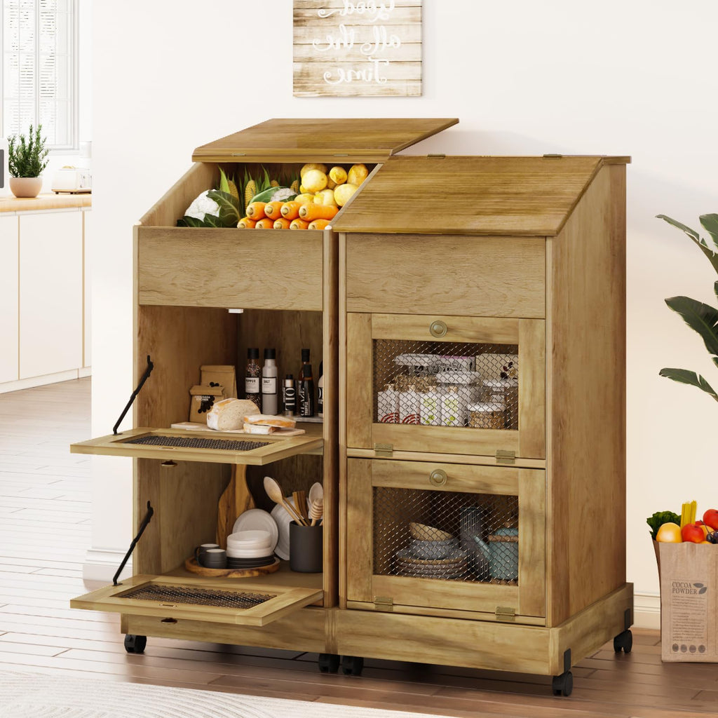 3 Tier Wooden Potato and Onion Storage Bin with Wheels Y6349