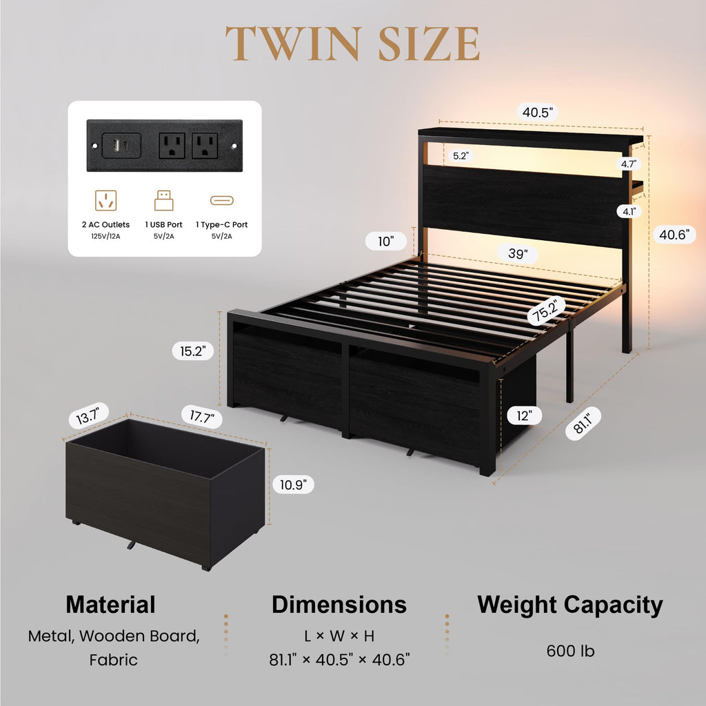 Twin LED Bed Frame with 2 Storage Drawers U892156