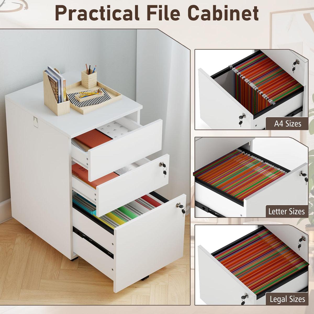 White 3 Drawer File Cabinet with Lock C30545