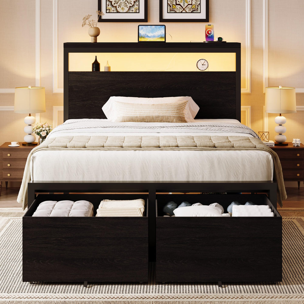 Twin LED Bed Frame with 2 Storage Drawers U892156