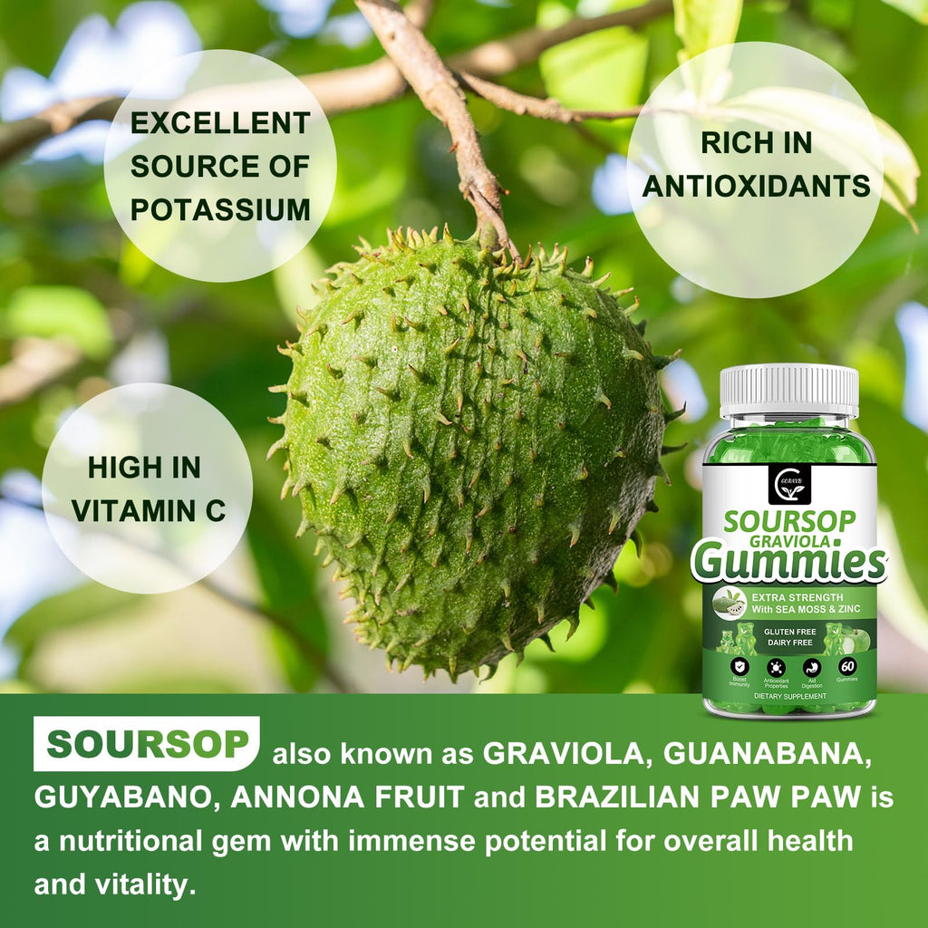 Organic Soursop Graviola Gummies 2200mg with Sea Moss Zinc Vitamin C 60 Gummies H99073