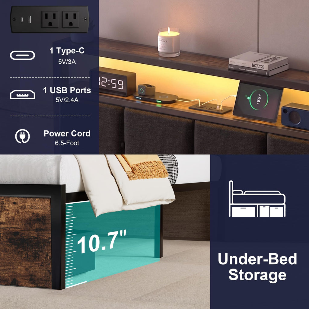 Full Bed Frame with Storage Drawers and LED Lights V682812