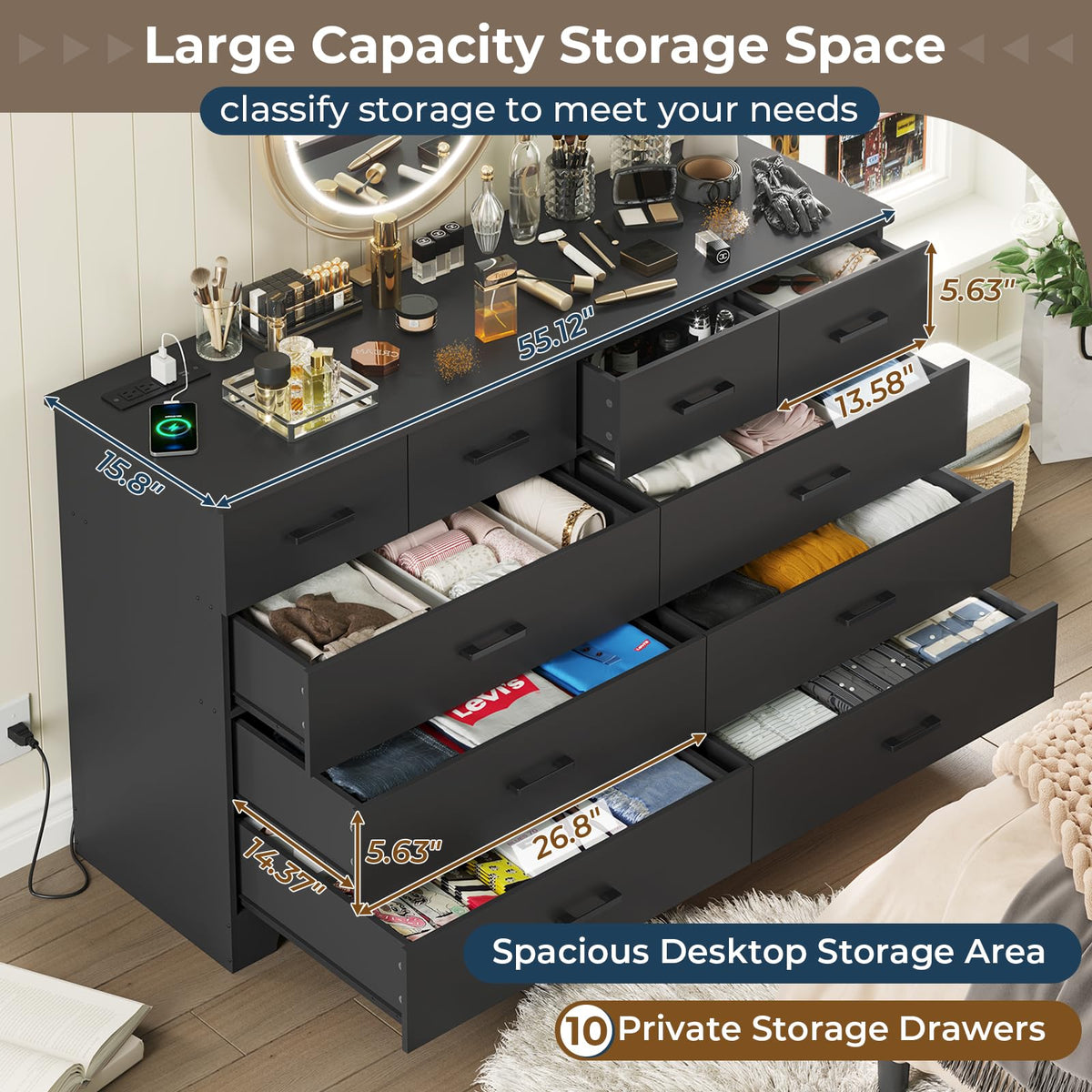 Black 10 Drawer Dresser with Power Outlets N420932